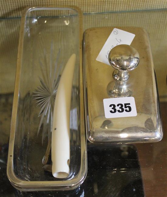 German 800 standard blotter, ivory cigar cutter and a mounted dish